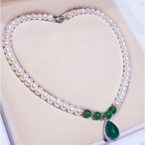 Jewellery 8-9mm White Freshwater pearl jade pendant necklace s925 silver