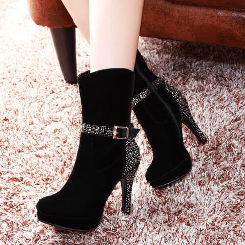 Suede high heel rhinestone womens boots 2021 New Autumn Winter Thin High Heels Round Toe Zipper Sexy Ankle womens boots 40 41