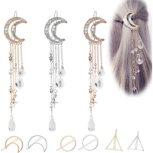 Hair Clips Fashion Hairpin Moon Rhinestone Crystal Pendant Tassel Dangle Jewelry Hair Pins clip for Women Girls Hair Accessories