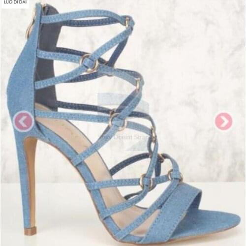 2019 new women runway shoes denim blue sandals cuts out shoes open toe sandals thin heel cross strap party shoes