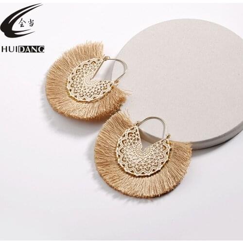 HUIDANG Fashion Flower Hollow Metal Fringed Tassel Statement Earrings for Women