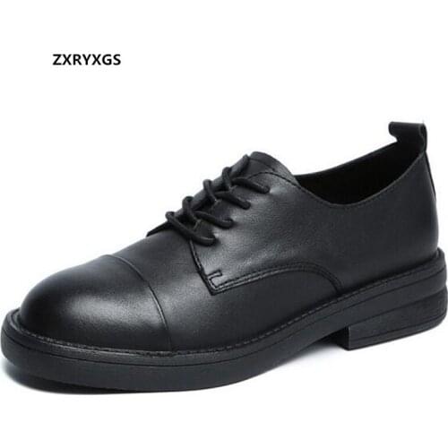 2021 New Spring Round Toe Lace-up Genuine Leather Sshoes Woman Low Heel Shoe Black White Soft Sole Comfortable Shoes Women Shoes
