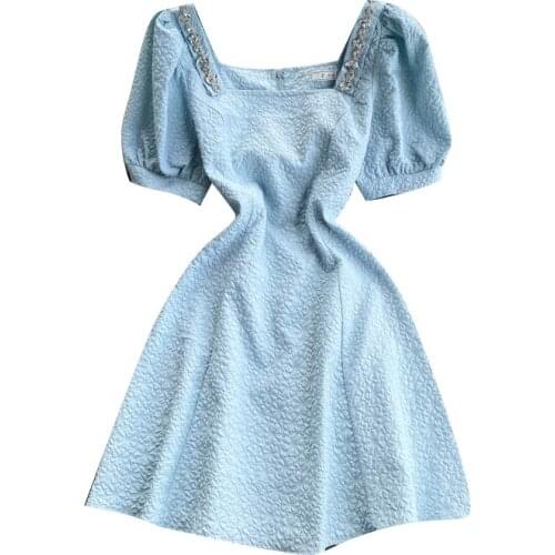 2021 New Arrival Summer Women Square Collar Puff Sleeve Slim Mini Dress High Quality Embroidered Flares Jacquard Dress