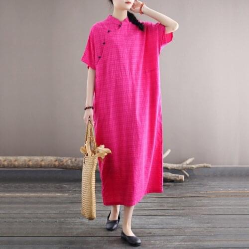 Johnature Women Chinese Style Dress Stand Short Sleeve Button Cheongsam 2021 Summer New Cotton Soft Female A-Line Dresses