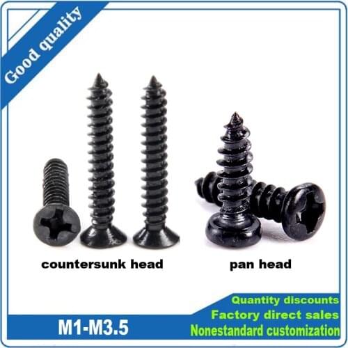 100pcs Black Steel Mini Micro Small Phillips Flat Countersunk Head Screw M2 M2.6 M3 M3.5 Cross Round Pan Head Self-tapping Wood