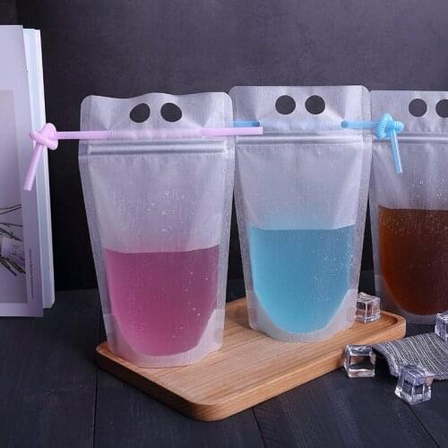 500pcs 17oz 500ml Clear Drink Pouches Bags Frosted Zipper Standup Plastic Drinking Bag with holder Heatproof W0041
