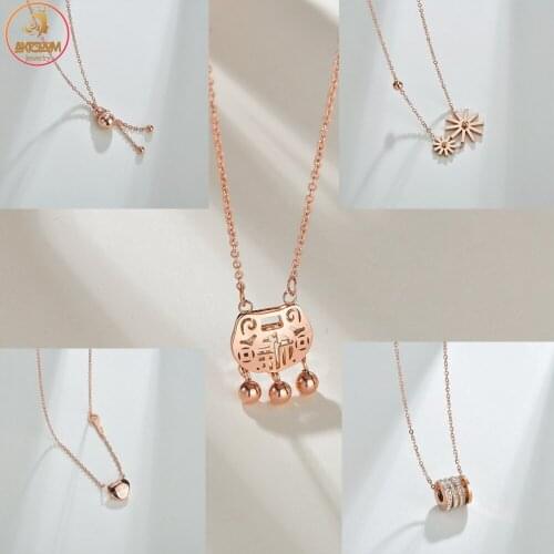 Akizoom New Fashion Necklace Stainless Steel Rose Gold Color Charm Flower Lock Chain For Girls Party Gift Birthday Jewelry