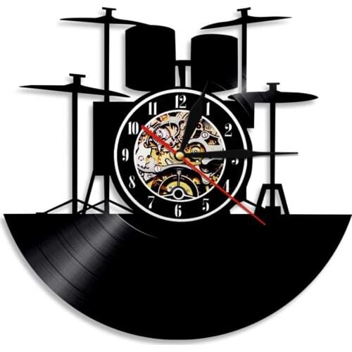Drums Set Vinyl Record Wall Clock Vintage Illuminated Rock Music Band Gift Vinyl Record Housewarming Gift Led Lighting