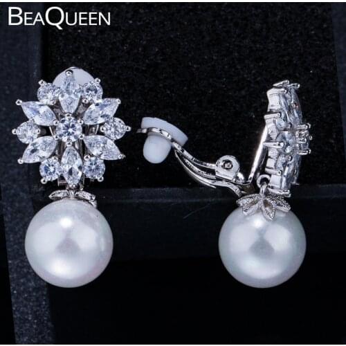 BeaQueen Fashion Women Cubic Zirconia Flower Pearl Earing Clip On Earrings No Hole Ear Crystal Jewelry Without Piercing E207