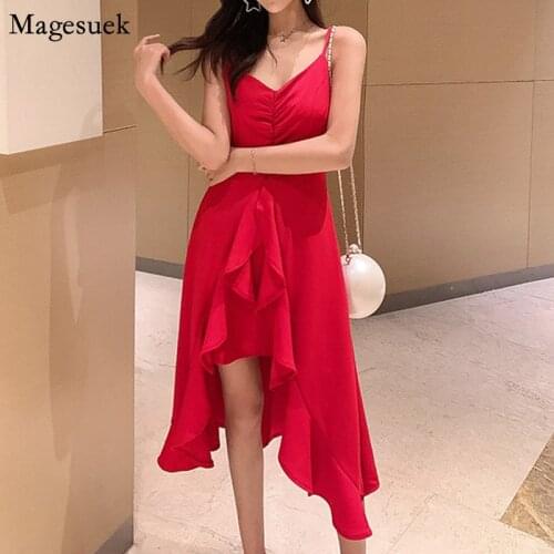 Blackless Sexy Party Dress Summer Irregular V-neck Ruffles Women Dresses Elegant Spaghetti Strap Dress Korean Robe Mujer 13289