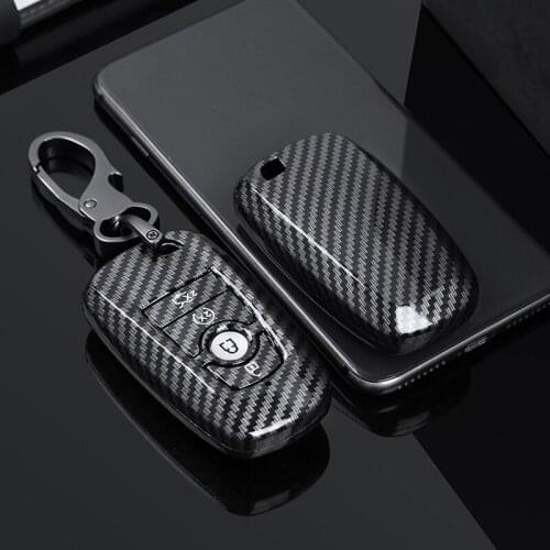 4 Buttons Car Remote Key Case Cover Fob Shell Carbon Fiber Style Decor Fit for Ford Explorer Expedition Mustang Fusion Edge 2018