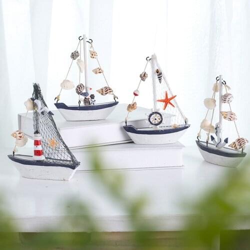 Mediterranean Style Shell Crack Boat Decoration Wooden Sailboat Model Small Ornament Childrens Creative Craft Home Decoration