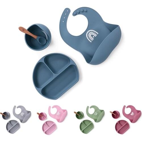 Baby Eating Dishes Tableware Silicone Suction Kids Learning Plate Divided Tray Section Bowl Integrated Smile-Face Feeding Set