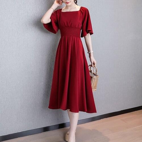 Elegant Solid Flar Sleeve Summer Dress Plus Size Women Dresses Slash Neck Chiffon A LIne Dress 2021 Office Lady Womens Wear