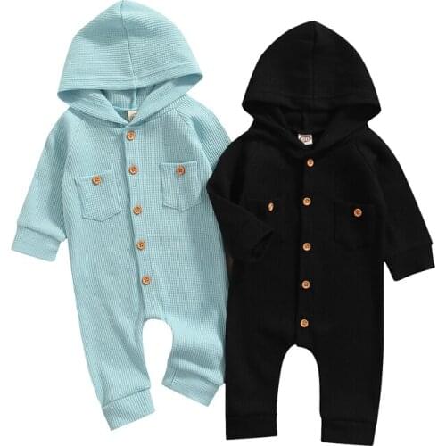 FOCUSNORM 2 Colors Infant Baby Boys Girls Romper 0-24M Solid Color Long Sleeve Single Breasted Hooded Jumpsuits