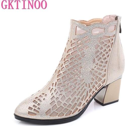 GKTINOO New Women Boots Summer Shoes 2020 Thick Heel Hollow Mesh Boots Fashion Sandals Breathable Female Shoes