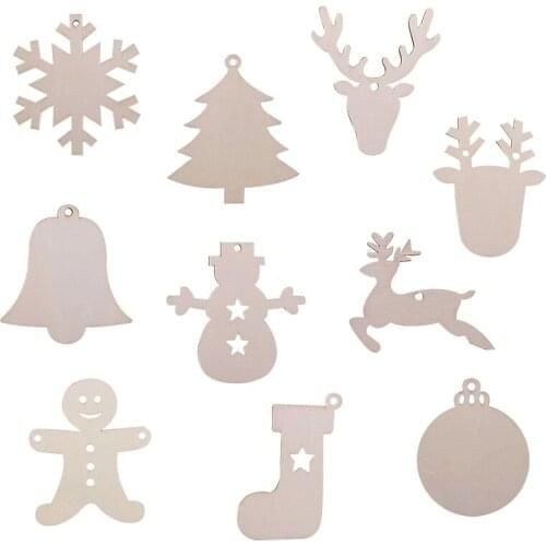 10Pcs DIY Natural Blank Wooden Chip Santa Claus Christmas Hanging Ornaments Pendant Kids Gift Snowman Tree Shape Xmas Decoration