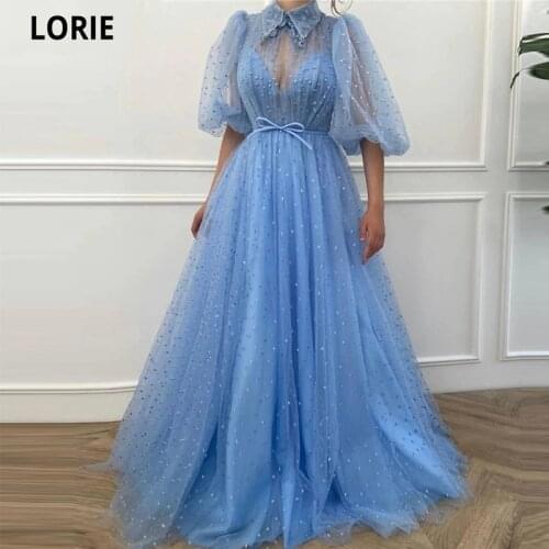 LORIE Sky Blue Dotted Tulle Prom Dresses Half Puff Sleeves Appliqued Collar Evening Dresses Bow Belt A-Line Sheer Prom Gowns