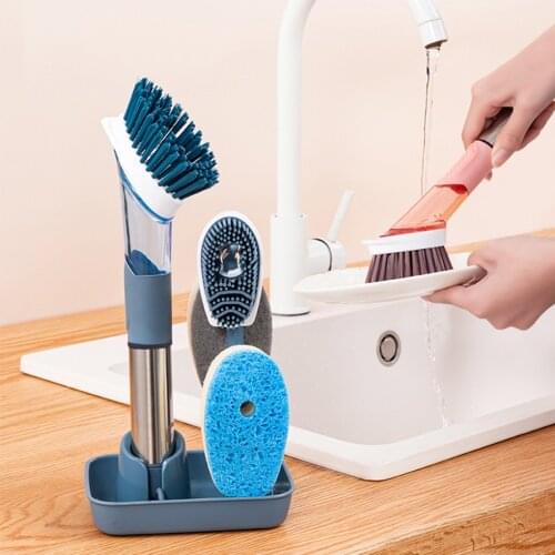 Multifunctional Pot Brush Set Long Handle Kitchen Pan Brush Set Refill Dispensing Portable Cleaning Sponge Tool