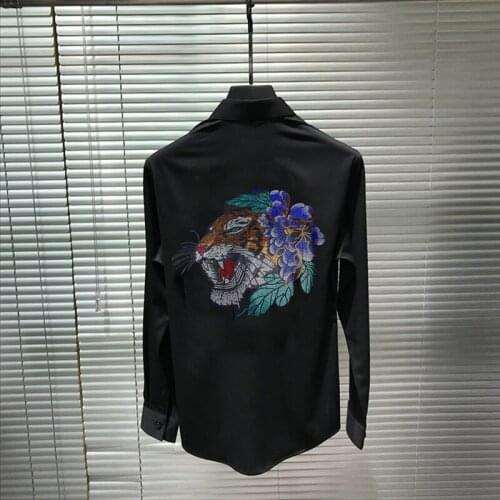 Soft Printed Men Shirt Personality Design Tiger Shiny HD Hot Rhinestone Brand Hip Hop Fashion Long Sleeve