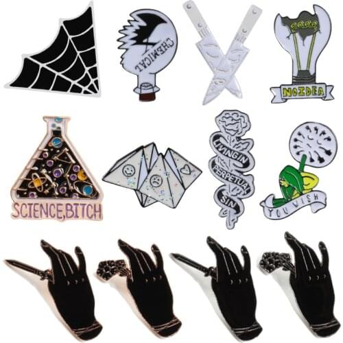 Science Rude Words Black Hand Origami Spider Web Rose Dagger Brooches For Men Badge Punk Creative Enamel Pins Brooch Accessories