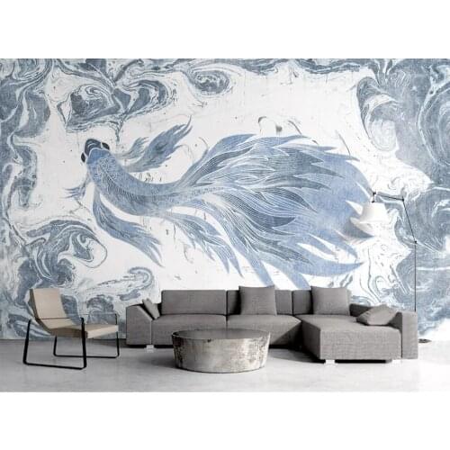 XUE SU Custom wallpaper mural elegant new Chinese blue and white watercolor painting texture goldfish TV background wall cloth