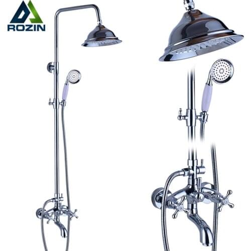 Wall Mounted Chrome Shower Set Dual Handle Rainfall 8" Shower Head Bath Shower Mixer Tap with Hand Shower Brass Bathroom Taps