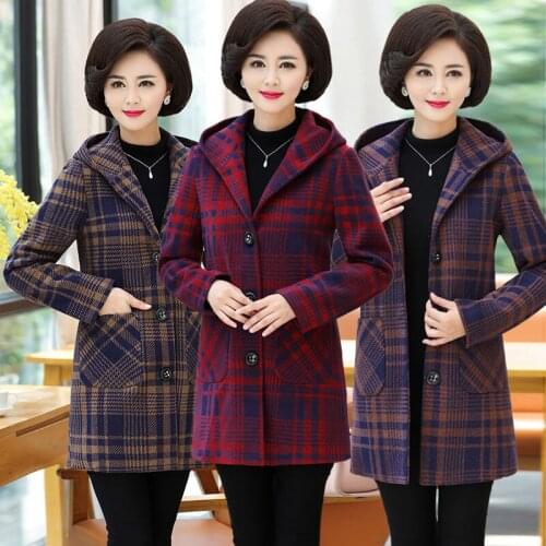 2020 New Women Hooded Woolen Coat Female Autumn Winter Wool Jacket Mom Thicken Winter Coats Middle-aged Woolen Overcoat 5XLA467