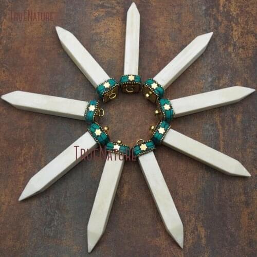 White Bone Pencil Point Charm Pendant Green Stone Inlay Tibetan Natural Bone Point Prims Pendant In 95*13 mm PM9085