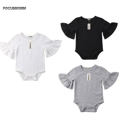 Newborn Infant Baby Girls Casual Cotton Bodysuit 3 Style Short Flare Sleeve O-Neck Solid Covered Button Bodysuit Outfit 0-24M