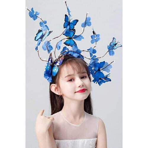 Girls Butterfly Headdress Hairbands Children Stage Show Hair Ornament Blue Color Party Photography Accessories