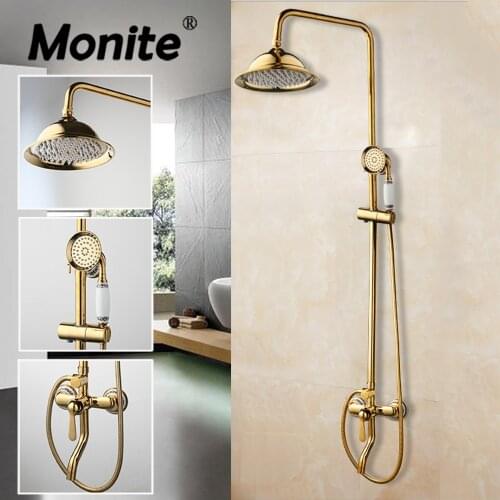 Monite Luxury Wall Mounted Gold Brass Shower Faucet Set Single Ceramic Handle Tub Mixer Hand Shower Spray
