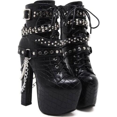 Zip Metal Chains Rivet Motorcycle Boots Women demonias shoes Super High Heels Platform Ankle Boots Punk Rock Gothic Biker Boots
