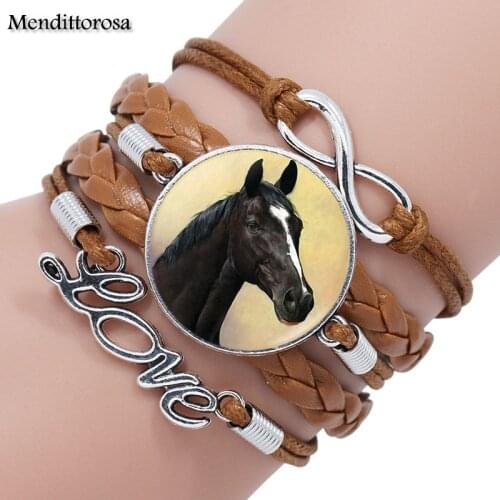 Mendittorosa Horse Glass Cabochon Multilayer Black/Brown Leather Bracelet Bangle For Women Handmade Colorful Peacock