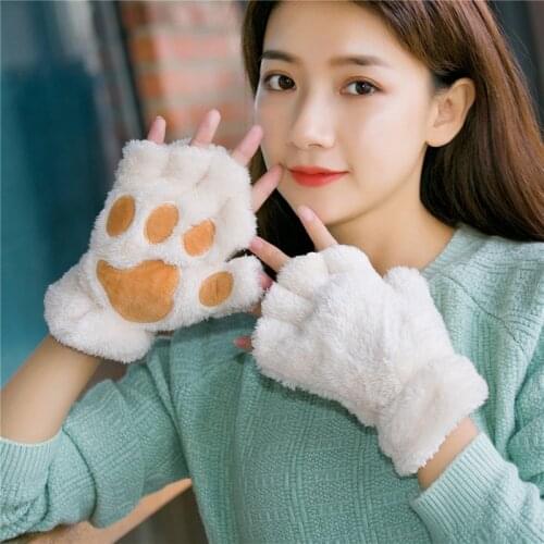 Plush cats paw warm winter half-finger gloves female cute hanging neck Korean cartoon student plus velvet padded gloves