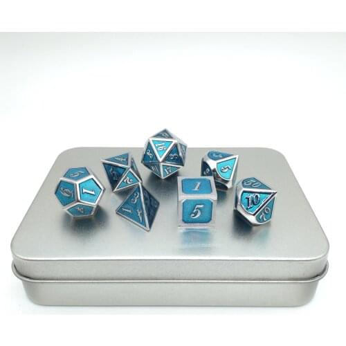 TITANS Glossy Blue Dice Zinc Alloy 7 pcs DnD Digital Metal Dice Set With Metal Box (silver edge with light blue enamel )