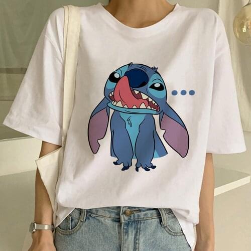 Disney Oversize T Shirt Women Cartoon​ O-neck T-shirt Trendy Brand 2021 Funny Stitch Nose Licking Printed Kawaii Casual Tshirt