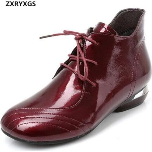 New Top Cowhide Patent Leather Shoes Woman Ankle Boots Low Heel Comfortable Shoes Autumn Boots Elegance Fashion Boots Large Size