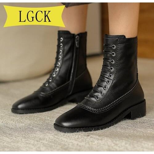 Big Size 34-42 Ankle Boots for Women Autumn Motorcycle Boots Thick Heel Ankle Casual Shoes Woman Slip on Square Toe Fashion Boot