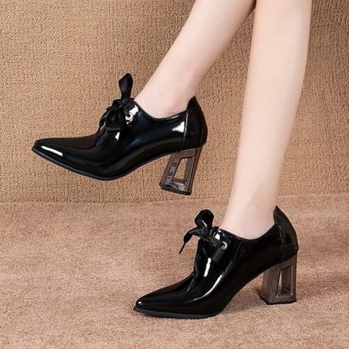 2020 Spring Women Shoes Pointed Toe Lace Up High Heels Pointed Toe Dres Shoes Patent Leather Bare Boots Black Botas Mujer 79N