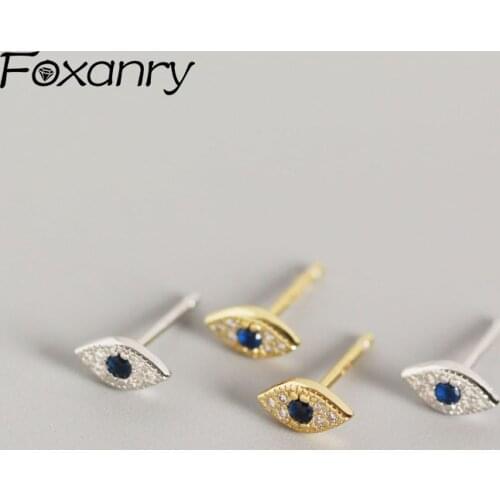 FOXANRY Prevent Allergy 925 Sterling Silver Stud Earrings for Women Trendy Elegant Charming Sparkling Blue Zircon Bride Jewelry