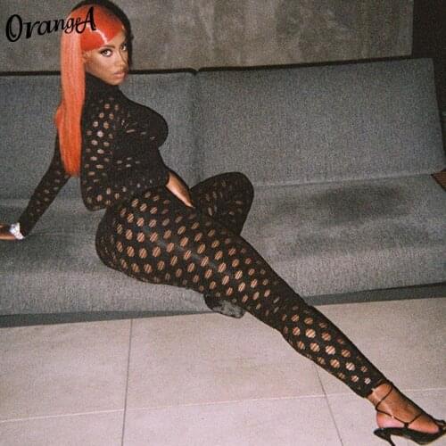 OrangeA Women Sexy Hollow Out Club Activewear Jumpsuit Long Sleeve Zipper Stretchy Workout Bodycon Party Streetwear Slim Outfits