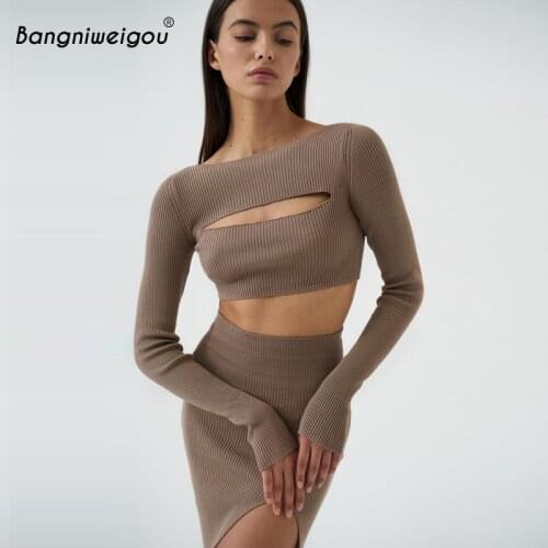 Bangniweigou Knitting Crop Top Slit Skirt Sets Women Cut Out T Shirt with Mini Skirt Two Pieces Outfits Women Fall Winter Set