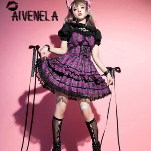 Gothic Girls Lolita Sling JSK Plaided Dress Harajuku Lace-UP Women Punk Rock Singer Hot Girl Dresses Female Vestidos AFC1065
