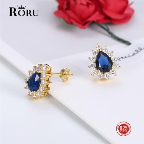 100% 925 Sterling Silver Zircon Earrings for Women Deep Blue CZ Exquisite Stud Earrings Gift Wedding Jewelry