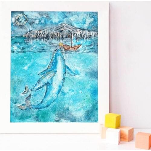 Watercolor Whales and Blonde Girl Painting Print Blue Whale Canvas Art Poster Picture Baby Girls Kids Room Wall Art Decor