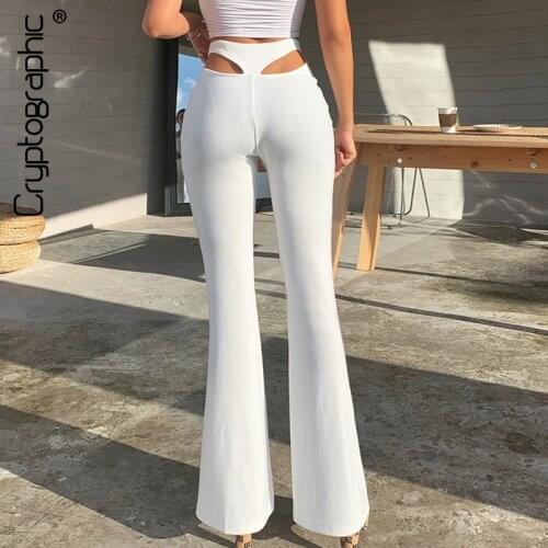 Cryptographic White Knitting Sexy Cut-Out High Waist Flare Pants Trousers Fall Winter 2020 Harajuku Bell Bottom Pants Loose