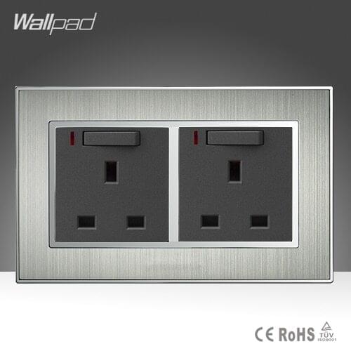 CE BS Approved Double 13A Wall UK Switched Socket Silver Satin Metal 13A UK Wall Switch and Socket with LED Indicator AC110-250V