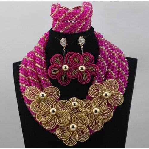 Hot Sales Nigerian Wedding African Beads Hot Pink Crystal Jewelry Sets Mix Gold Flowers Broaches Necklace Set Free Ship HX965