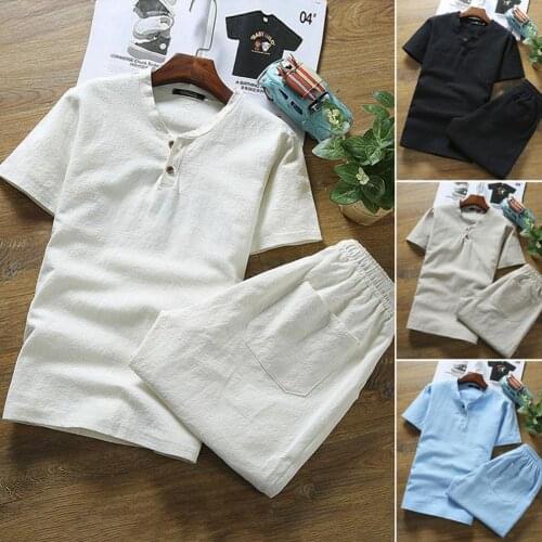 Mens Clothing Large Size Summer Tracksuit Solid Color V Neck Men Short Sleeve T-shirt Drawstring Pockets Shorts for Fitness 4XL